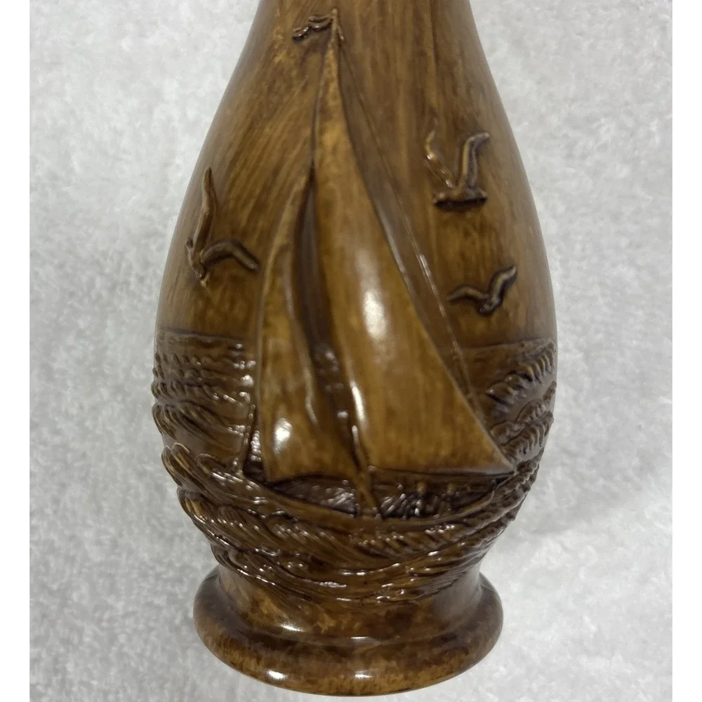 Vintage Faux Wood Resin Sailboat Vase Nautical Relief Model 353